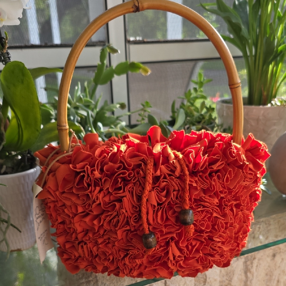 Roy Burnt Orange Ruffle Bag Bamboo Handle Boho Chic NWT Retro Summer